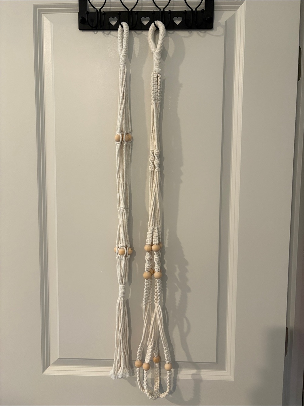 Handmade White Macrame Plant Hanger with Wooden Beads - Unbranded